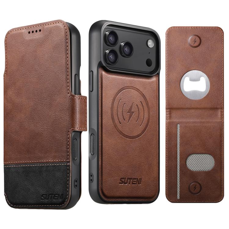 For iPhone 17 Pro Max Suteni Q06S5 3-in-1 Detachable Bottle Opener Card Bag Magnetic Top-Bottom Spliced Vegan Leather Phone Case(Brown)