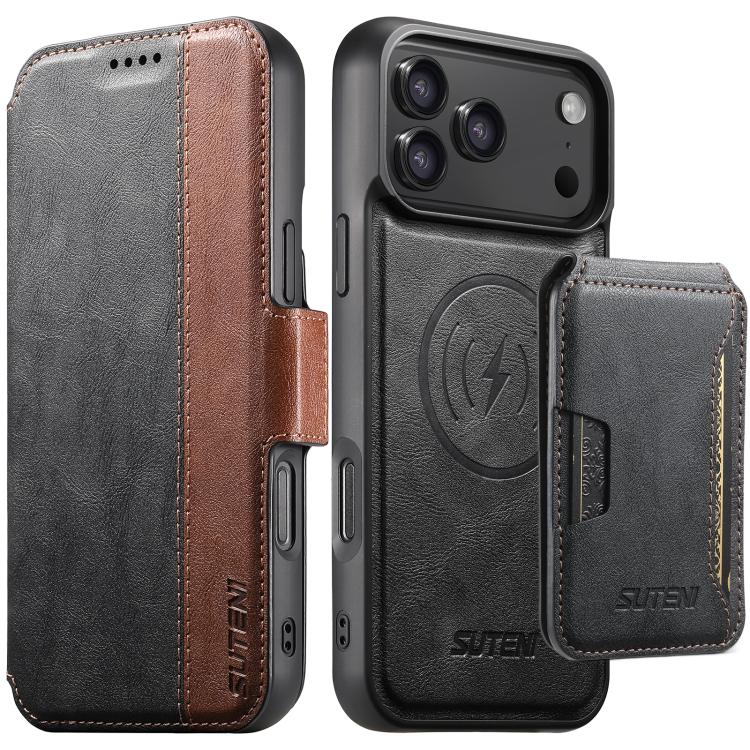 For iPhone 17 Pro Max Suteni Q07S3 Left-Right Splicing Cowhide Pattern Flip Side Card Wallet Removable Magnetic Phone Case(Black)