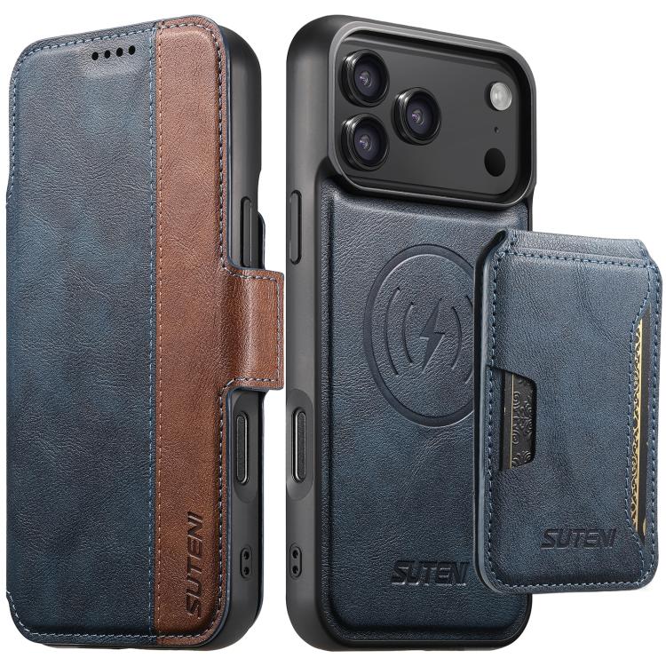 For iPhone 17 Pro Max Suteni Q07S3 Left-Right Splicing Cowhide Pattern Flip Side Card Wallet Removable Magnetic Phone Case(Blue)