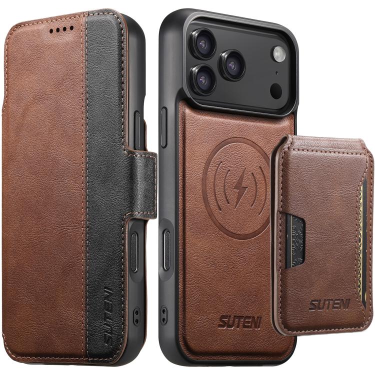 For iPhone 17 Pro Max Suteni Q07S3 Left-Right Splicing Cowhide Pattern Flip Side Card Wallet Removable Magnetic Phone Case(Brown)