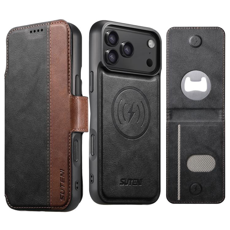 For iPhone 17 Pro Max Suteni Q07S5 3-in-1 Detachable Bottle Opener Card Bag Magnetic Left-Right Spliced Vegan Leather Phone Case(Black)
