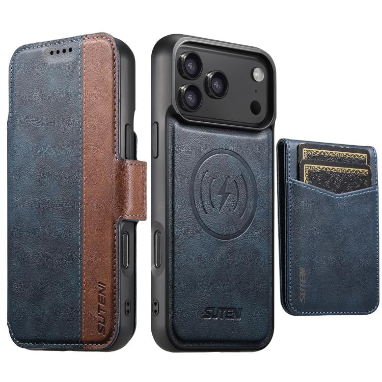 For iPhone 17 Pro Max Suteni Q07S5 3-in-1 Detachable Bottle Opener Card Bag Magnetic Left-Right Spliced Vegan Leather Phone Case(Blue)