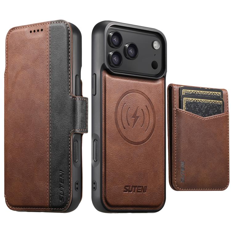 For iPhone 17 Pro Max Suteni Q07S5 3-in-1 Detachable Bottle Opener Card Bag Magnetic Left-Right Spliced Vegan Leather Phone Case(Brown)