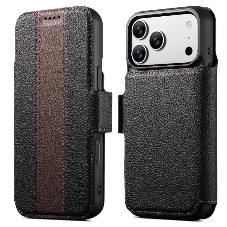 For iPhone 17 Pro Max Suteni Q08 2-in-1 Multi-function Magnetic Wallet Big Litchi Vegan Leather Phone Case(Brown)