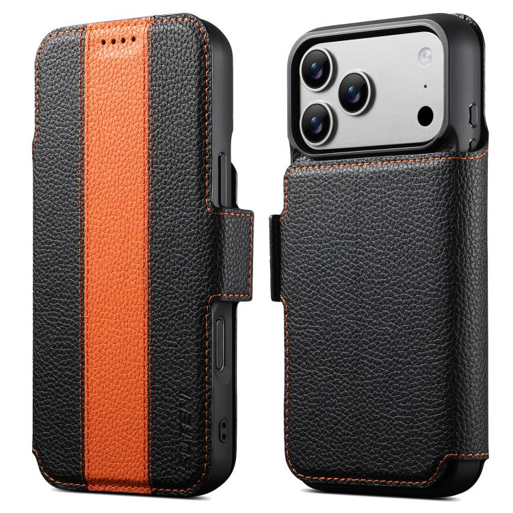 For iPhone 17 Pro Max Suteni Q08 2-in-1 Multi-function Magnetic Wallet Big Litchi Vegan Leather Phone Case(Orange)