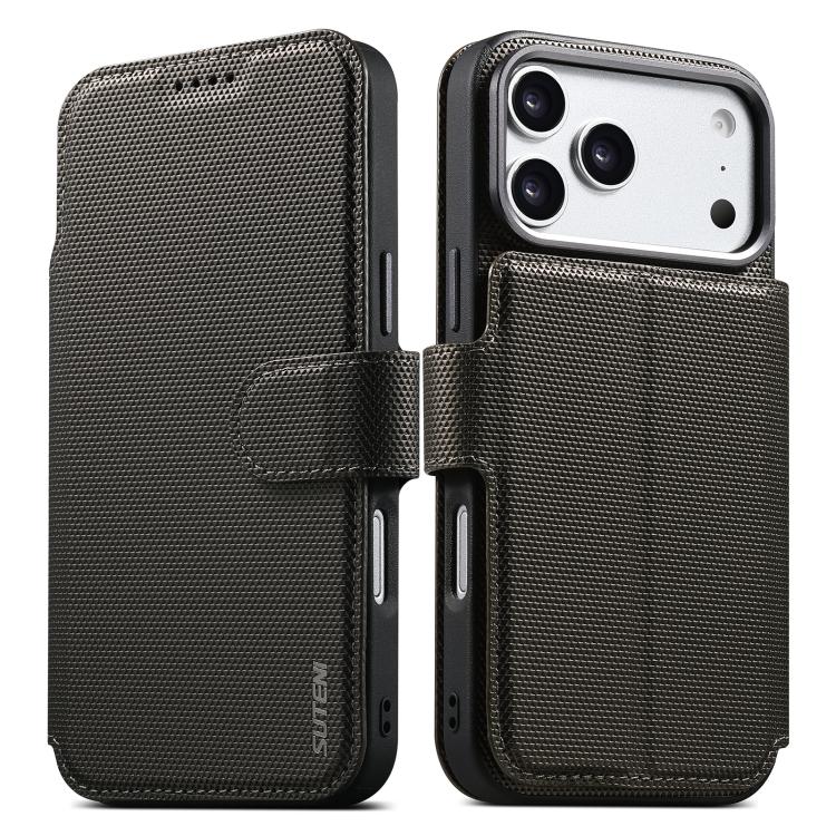 For iPhone 17 Pro Max Suteni Q09 Magnetic Detachable Wallet  2 in 1 Triangle Texture Vegan Leather Phone Case(Grey)