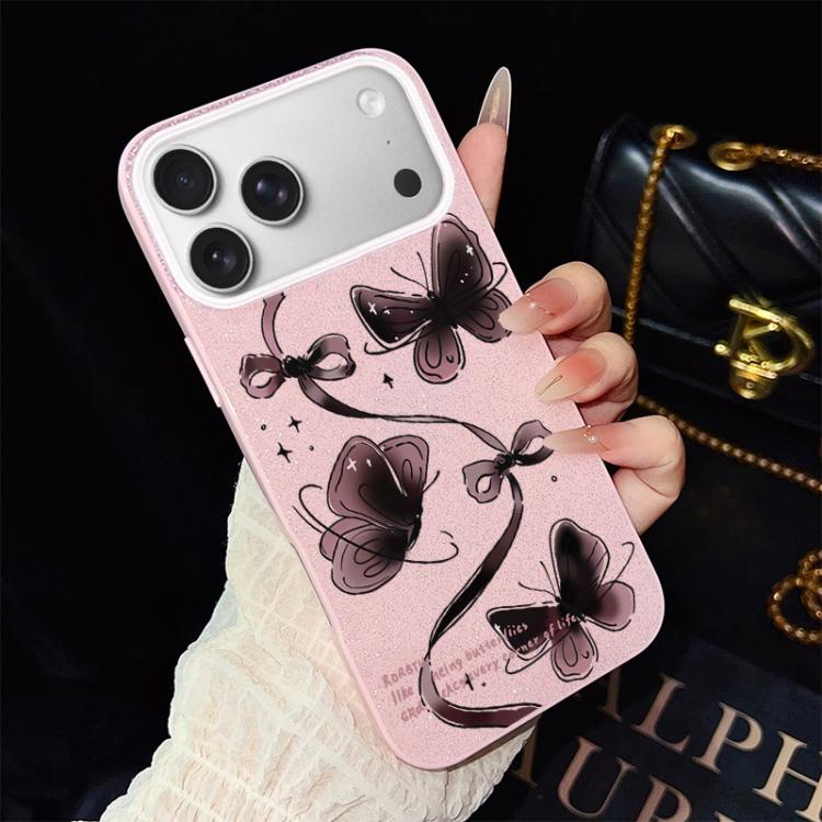 For iPhone 17 Pro Max Swirling Butterflies Pattern IMD Glitter PC Hybrid TPU Phone Case(Pink)