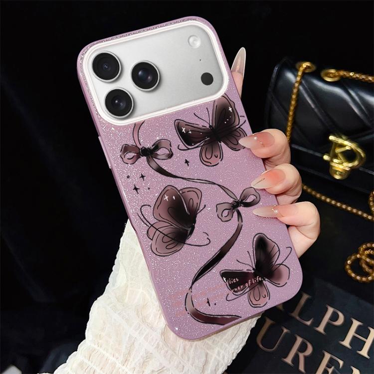 For iPhone 17 Pro Max Swirling Butterflies Pattern IMD Glitter PC Hybrid TPU Phone Case(Purple)