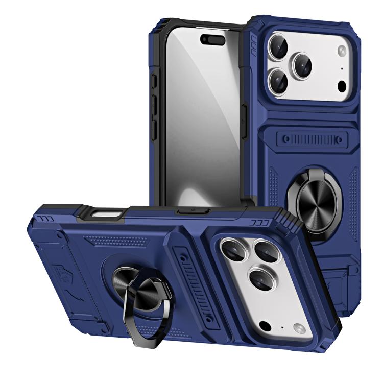 For iPhone 17 Pro Max TPU+PC Shockproof Card Phone Case with Metal Ring Holder(Blue)