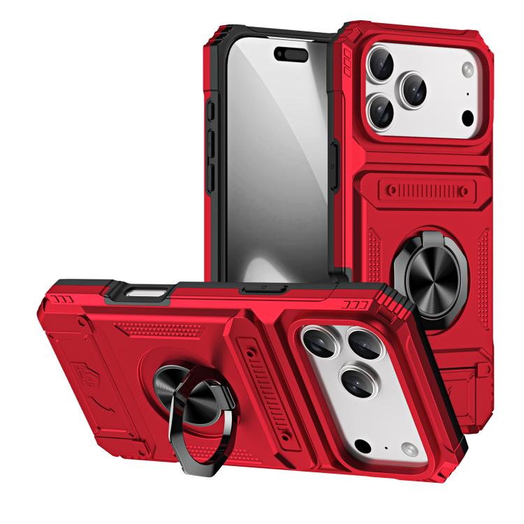 For iPhone 17 Pro Max TPU+PC Shockproof Card Phone Case with Metal Ring Holder(Red)
