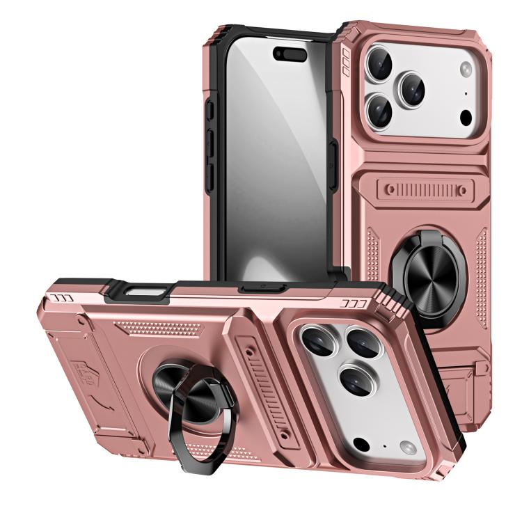 For iPhone 17 Pro Max TPU+PC Shockproof Card Phone Case with Metal Ring Holder(Rose Gold)