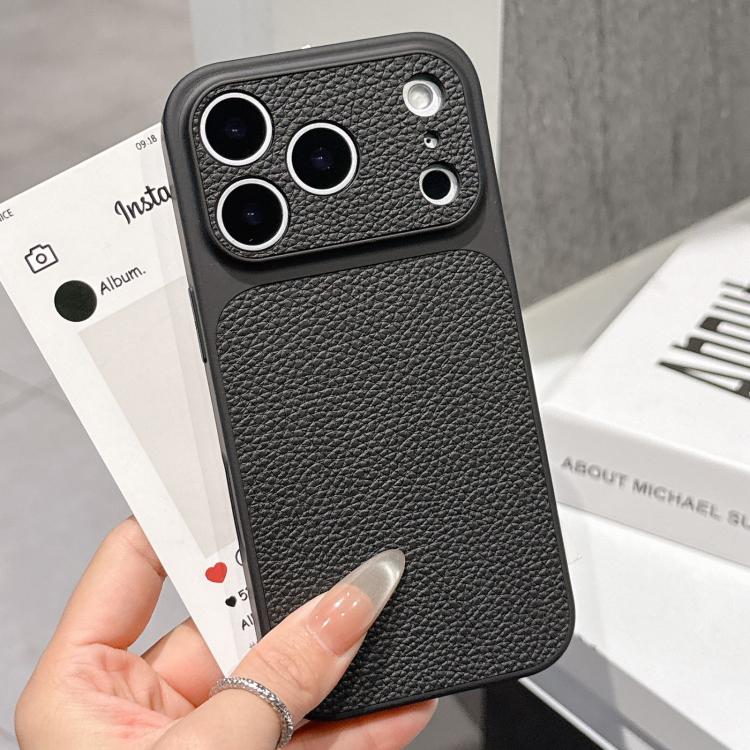 For iPhone 17 Pro Max Transforms Into 17 Series Large Window Frosted Lychee Texture Phone Case(Black)