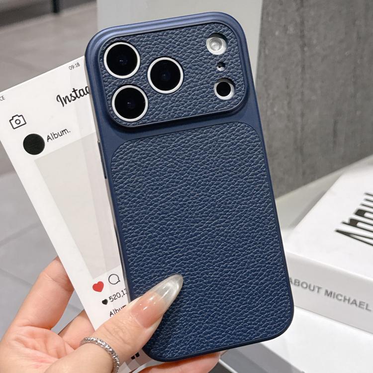 For iPhone 17 Pro Max Transforms Into 17 Series Large Window Frosted Lychee Texture Phone Case(Dark Blue)