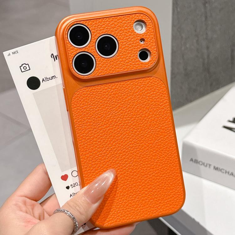 For iPhone 17 Pro Max Transforms Into 17 Series Large Window Frosted Lychee Texture Phone Case(Orange)