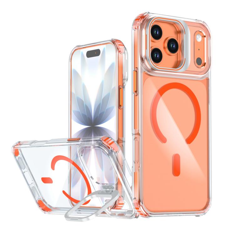 For iPhone 17 Pro Max Transparent Lens Kickstand Magnetic Phone Case(Orange)