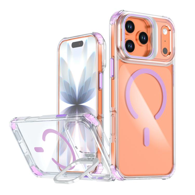For iPhone 17 Pro Max Transparent Lens Kickstand Magnetic Phone Case(Purple)