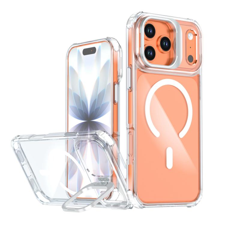 For iPhone 17 Pro Max Transparent Lens Kickstand Magnetic Phone Case(White)