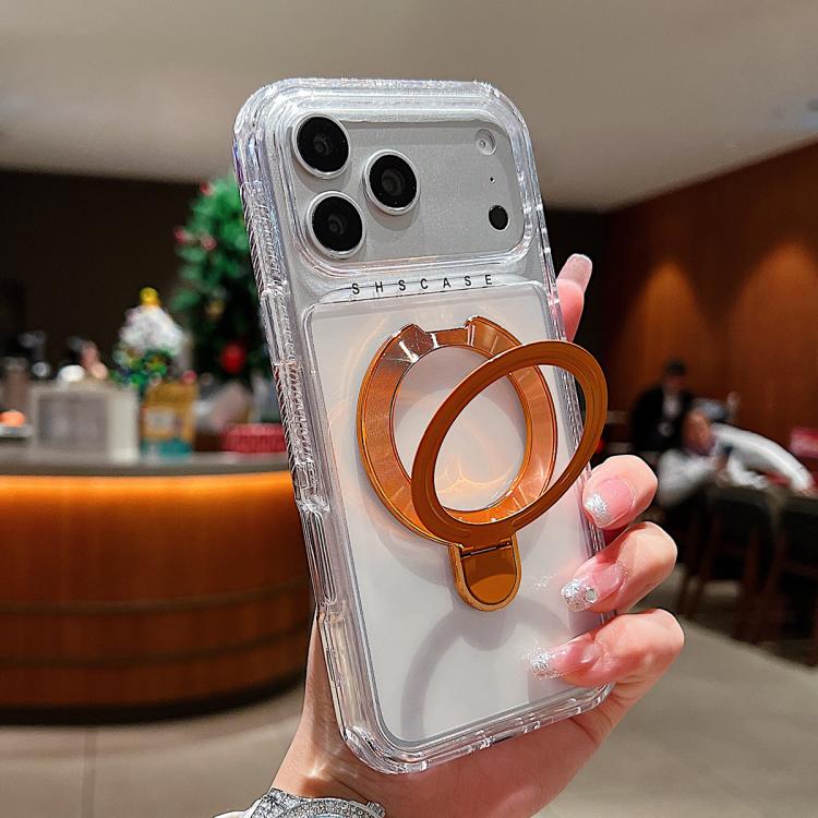 For iPhone 17 Pro Max Transparent Pivot Metal Holder Magnetic Phone Case(Orange)