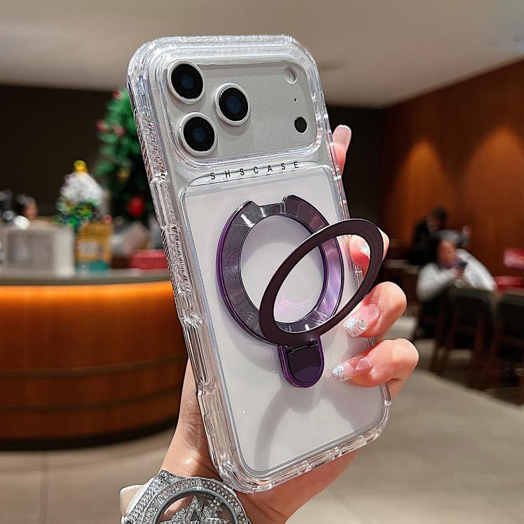 For iPhone 17 Pro Max Transparent Pivot Metal Holder Magnetic Phone Case(Purple)