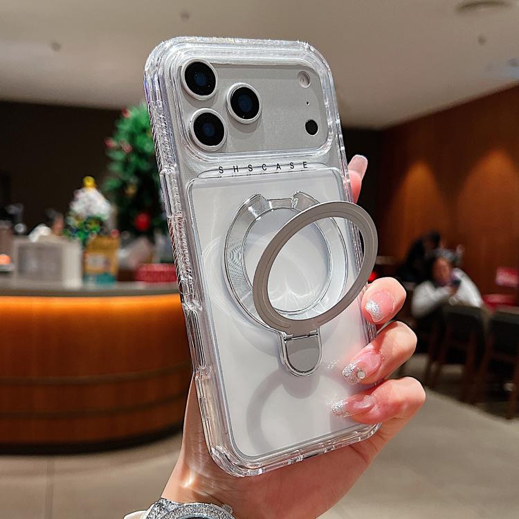 For iPhone 17 Pro Max Transparent Pivot Metal Holder Magnetic Phone Case(Silver)