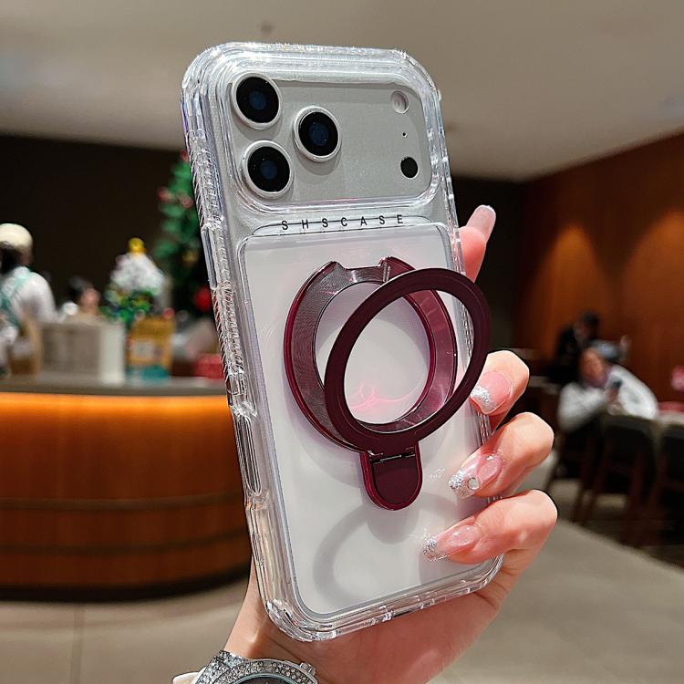 For iPhone 17 Pro Max Transparent Pivot Metal Holder Magnetic Phone Case(Wine Red)