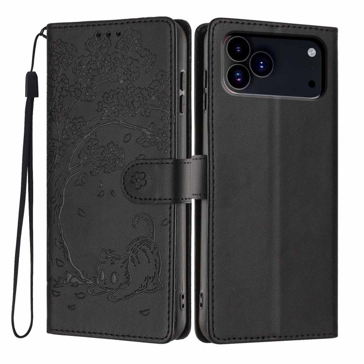 For iPhone 17 Pro Max Tree Cat Embossed Flip Vegan Leather Phone Case(Black)