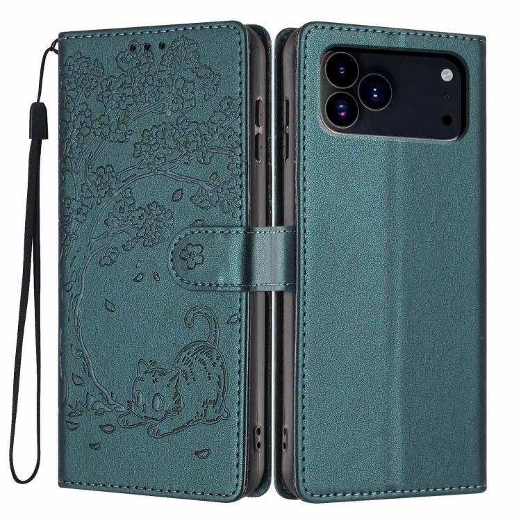 For iPhone 17 Pro Max Tree Cat Embossed Flip Vegan Leather Phone Case(Deep Green)