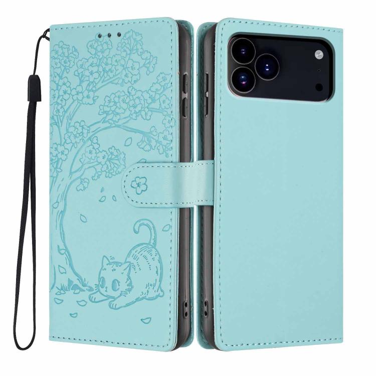 For iPhone 17 Pro Max Tree Cat Embossed Flip Vegan Leather Phone Case(Light Green)
