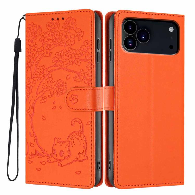 For iPhone 17 Pro Max Tree Cat Embossed Flip Vegan Leather Phone Case(Orange)