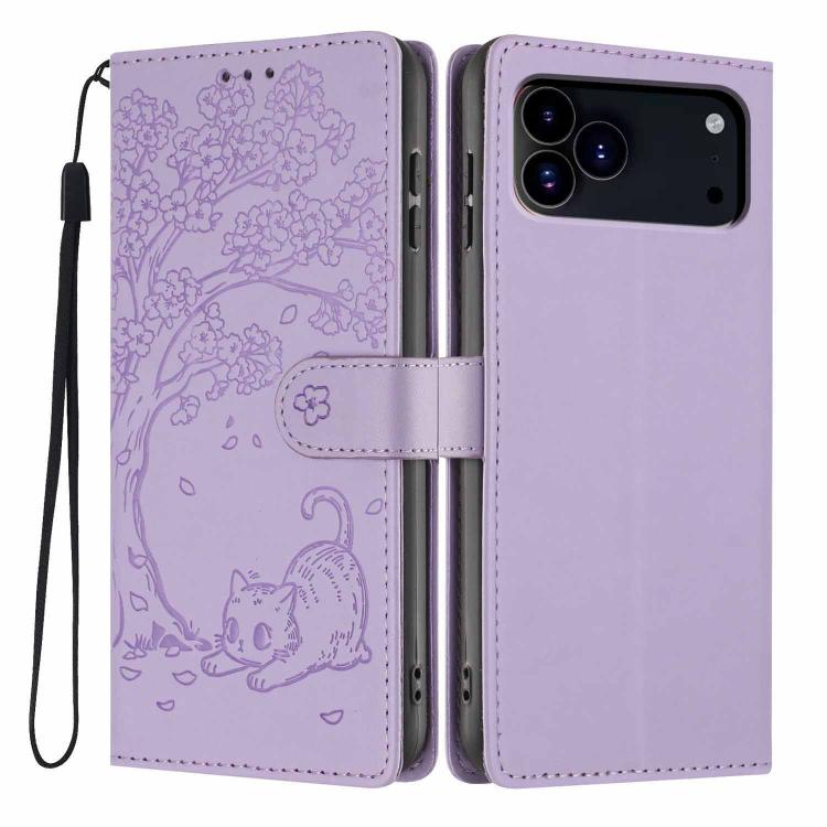 For iPhone 17 Pro Max Tree Cat Embossed Flip Vegan Leather Phone Case(Purple)