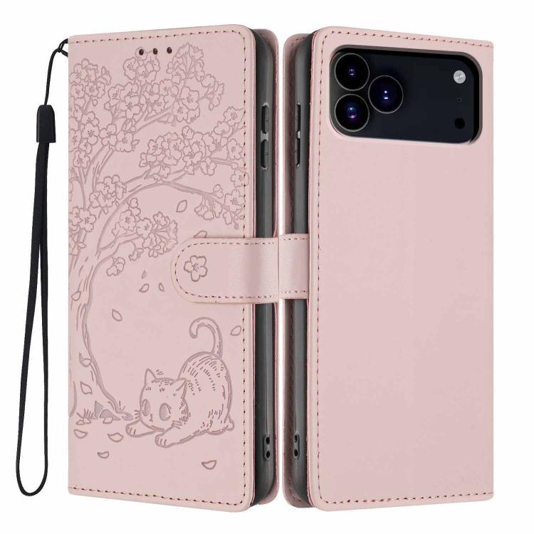 For iPhone 17 Pro Max Tree Cat Embossed Flip Vegan Leather Phone Case(Rose Gold)