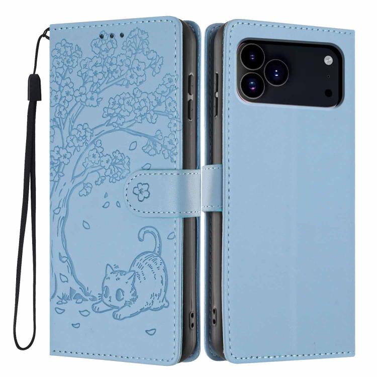 For iPhone 17 Pro Max Tree Cat Embossed Flip Vegan Leather Phone Case(Sky Blue)