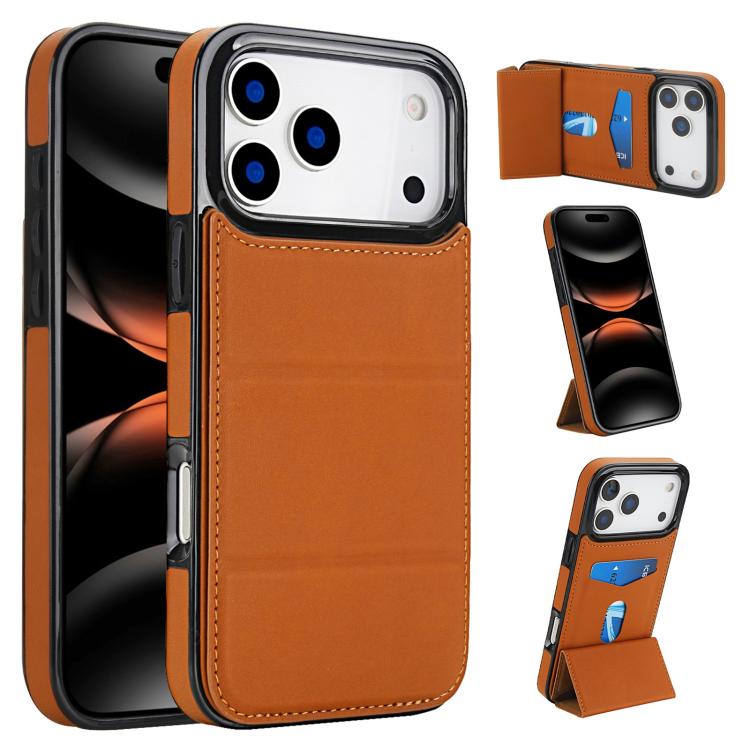 For iPhone 17 Pro Max Tri-fold Holder Leather Phone Case with Card Slot(Brown)