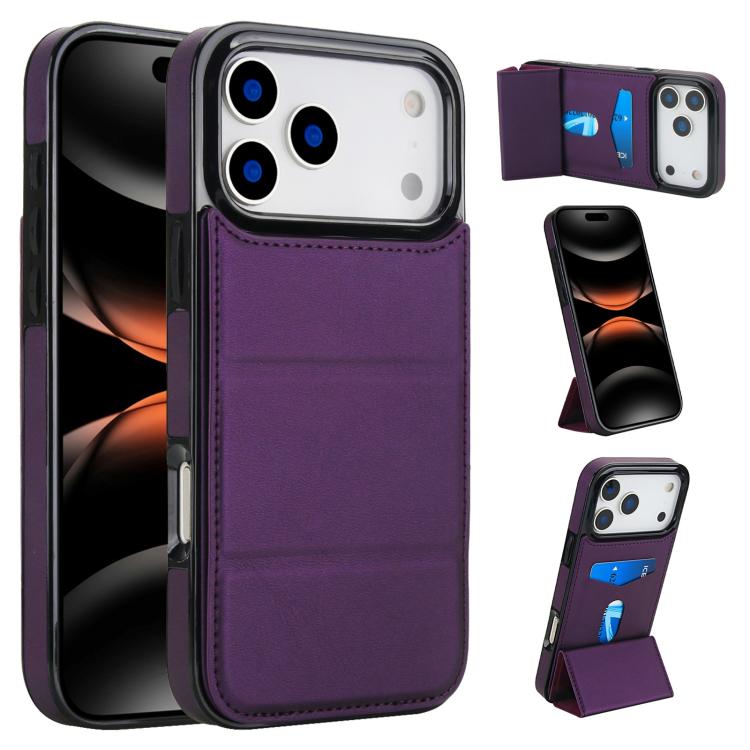 For iPhone 17 Pro Max Tri-fold Holder Leather Phone Case with Card Slot(Dark Purple)