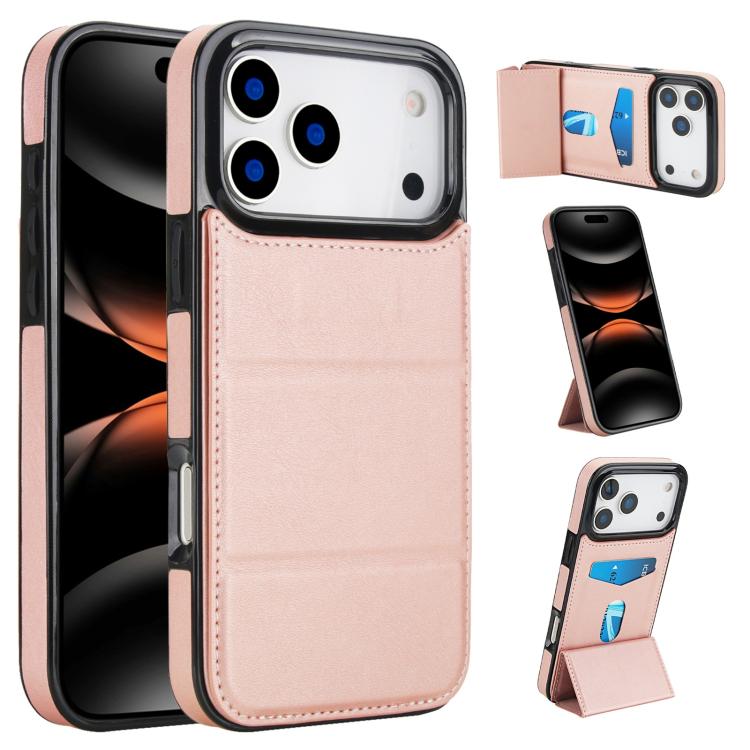 For iPhone 17 Pro Max Tri-fold Holder Leather Phone Case with Card Slot(Rose Gold)