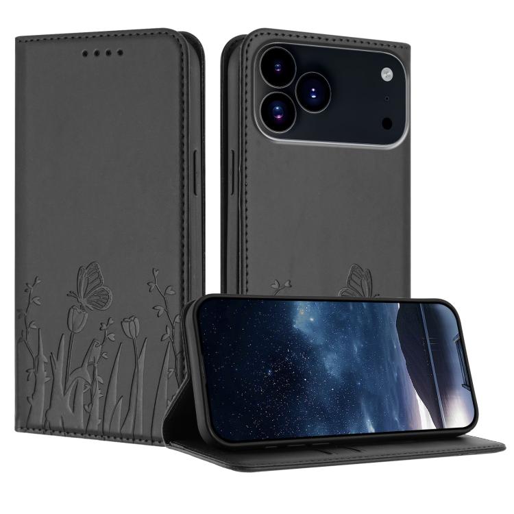 For iPhone 17 Pro Max Tulips Butterfly Pattern Magnetic Vegan Leather Phone Case(Black)