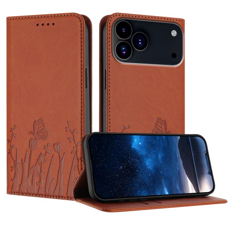 For iPhone 17 Pro Max Tulips Butterfly Pattern Magnetic Vegan Leather Phone Case(Coffee)
