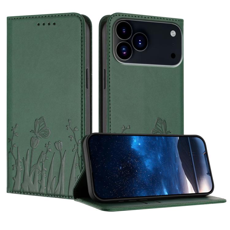 For iPhone 17 Pro Max Tulips Butterfly Pattern Magnetic Vegan Leather Phone Case(Dark Green)