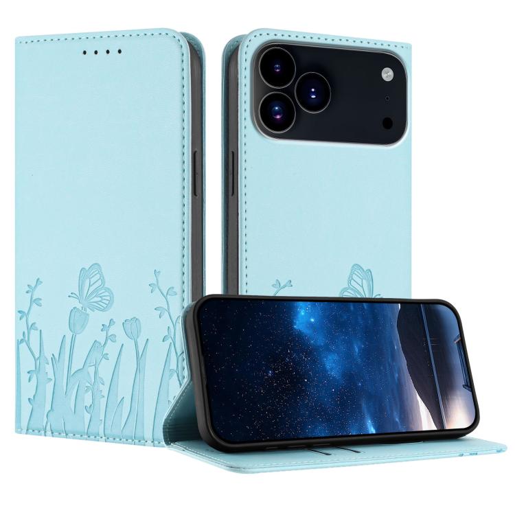 For iPhone 17 Pro Max Tulips Butterfly Pattern Magnetic Vegan Leather Phone Case(Light Blue)