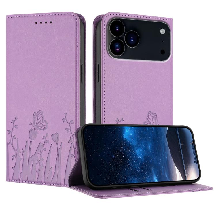 For iPhone 17 Pro Max Tulips Butterfly Pattern Magnetic Vegan Leather Phone Case(Light Purple)