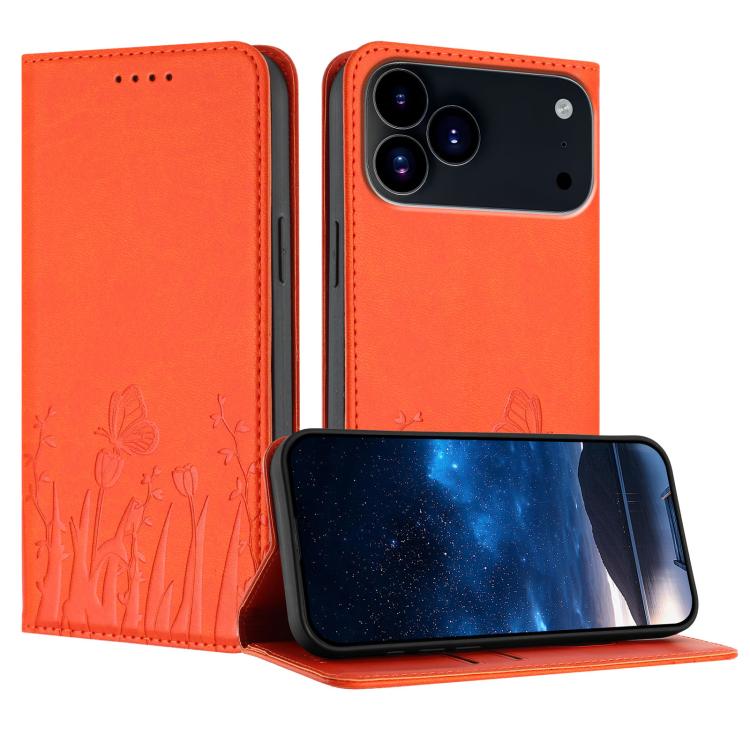 For iPhone 17 Pro Max Tulips Butterfly Pattern Magnetic Vegan Leather Phone Case(Orange)