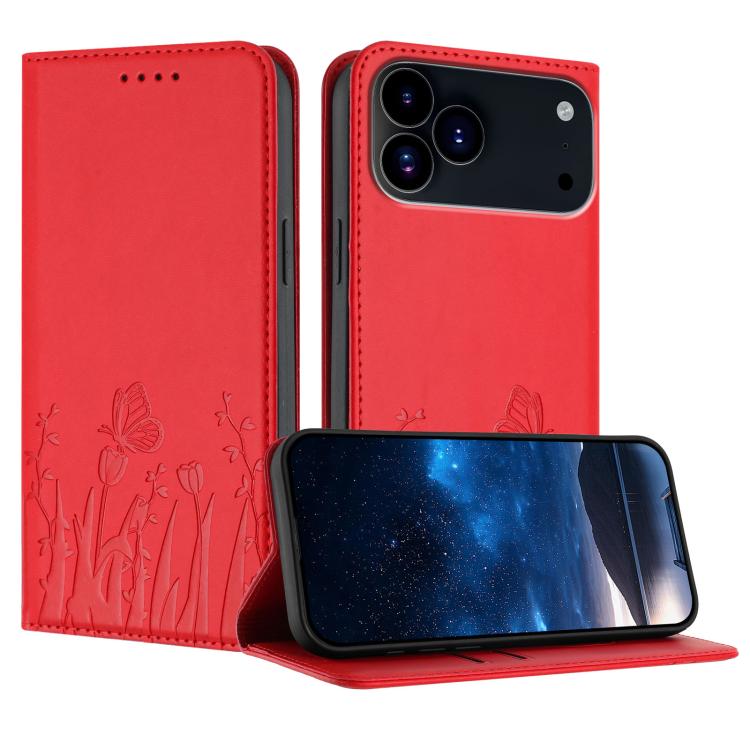 For iPhone 17 Pro Max Tulips Butterfly Pattern Magnetic Vegan Leather Phone Case(Red)