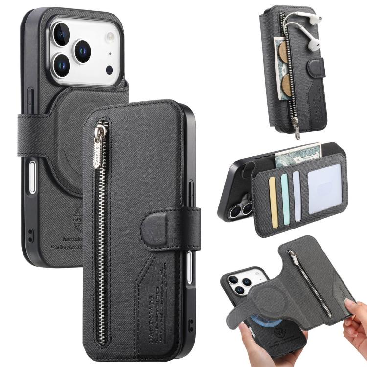 For iPhone 17 Pro Max Twill Fabric MagSafe RFID Anti-theft Zipper Wallet Leather Phone Case(Black)