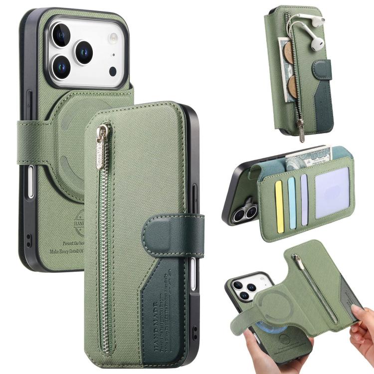 For iPhone 17 Pro Max Twill Fabric MagSafe RFID Anti-theft Zipper Wallet Leather Phone Case(Green)