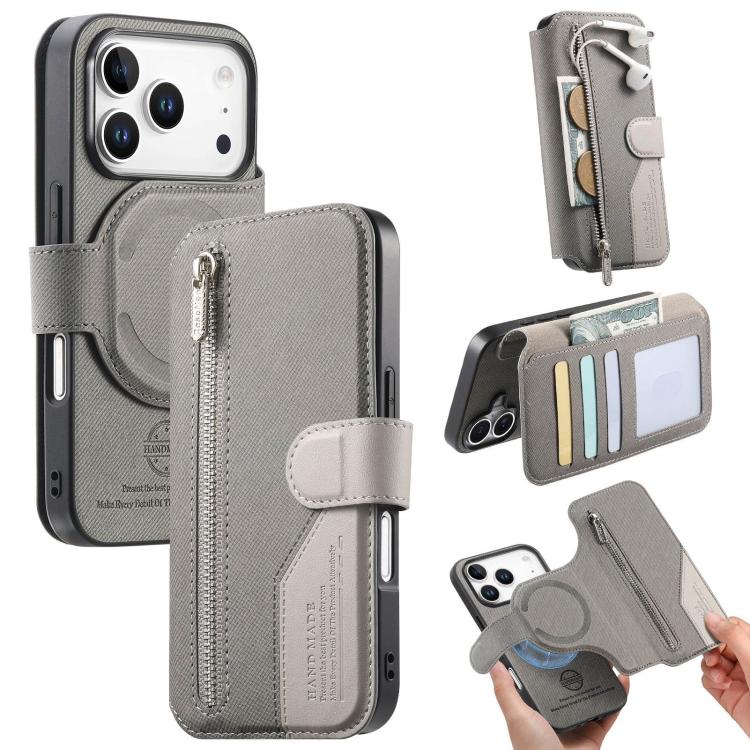 For iPhone 17 Pro Max Twill Fabric MagSafe RFID Anti-theft Zipper Wallet Leather Phone Case(Grey)