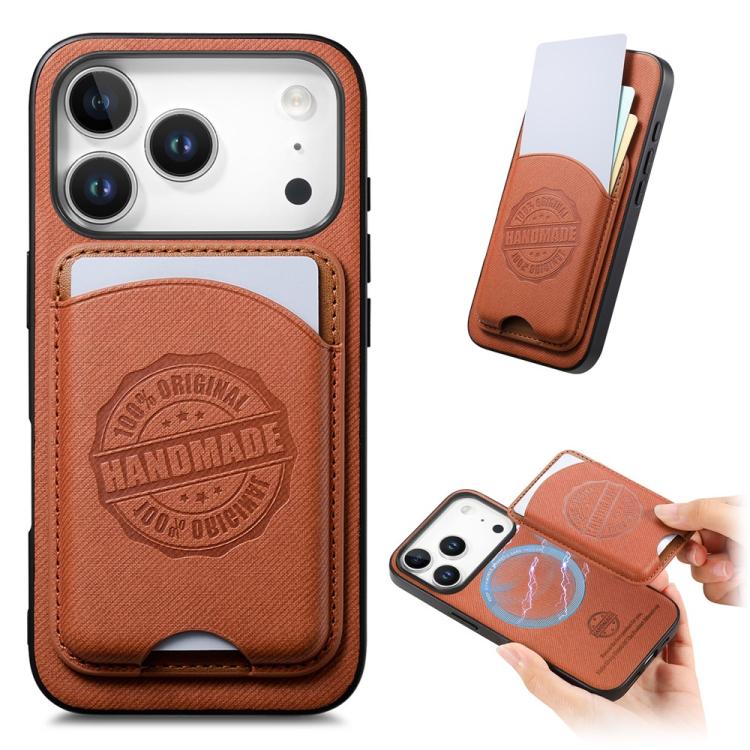 For iPhone 17 Pro Max Twill Texture Vegan Leather Magnetic Phone Cover with Detachable Card Holder(Brown)