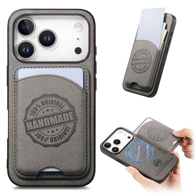 For iPhone 17 Pro Max Twill Texture Vegan Leather Magnetic Phone Cover with Detachable Card Holder(Gray)