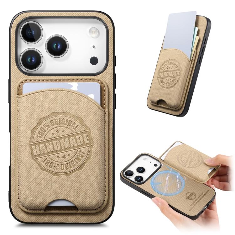 For iPhone 17 Pro Max Twill Texture Vegan Leather Magnetic Phone Cover with Detachable Card Holder(Khaki)
