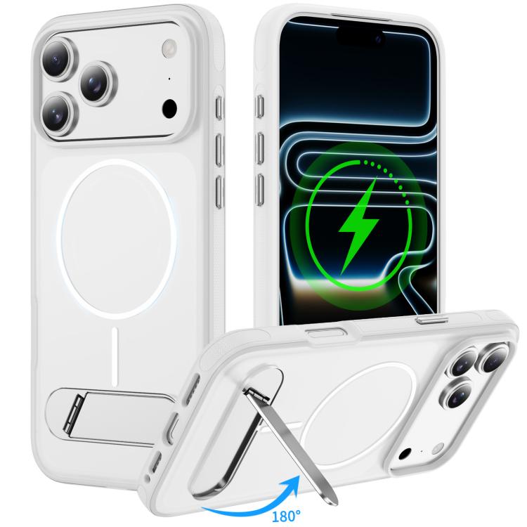 For iPhone 17 Pro Max Two-colors Imitation Original Magnetic Phone Case with Holder(Transparent White)