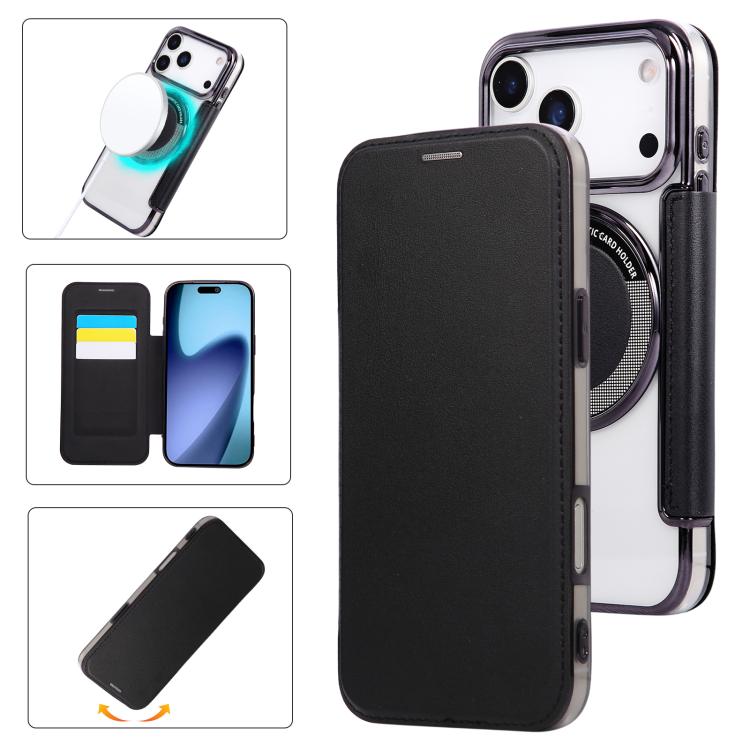 For iPhone 17 Pro Max Ultra-thin Magnetic Plating Vegan Leather Phone Case(Black)